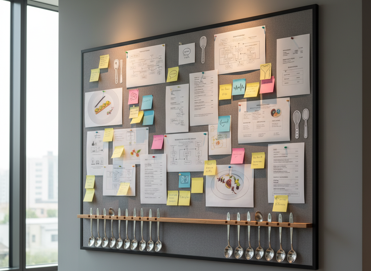 Un tablero de corcho grande colgado en una pared de cocina contemporánea, cubierto con tarjetas de colores, notas adhesivas y recortes impresos de menús en distintos idiomas, diagramas de flujo de servicio en restaurante y bocetos de emplatados creativos. Entre las notas, hay iconos de burbujas de diálogo, símbolos de ondas de sonido y pequeños dibujos de utensilios de cocina, todos claramente visibles. En la parte inferior del tablero, una barra de madera sostiene filas de cucharas de degustación de acero pulido, reflejando ligeramente el entorno. Luz natural suave de mañana entra desde la izquierda, mezclada con iluminación puntual de focos cálidos, generando un ambiente dinámico y profesional. Composición ligeramente en ángulo, estilo fotográfico realista, limpio y moderno, representando la planificación de comunicación gastronómica en medios y restaurantes.
